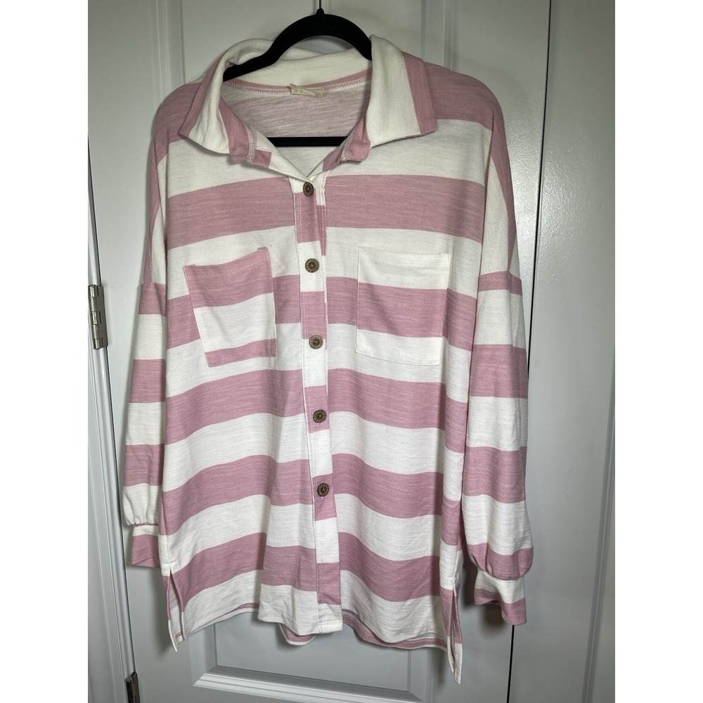Lovely Melody Pink & White Striped Womens Button Shacket‎ Sz Large Shirt Jacket